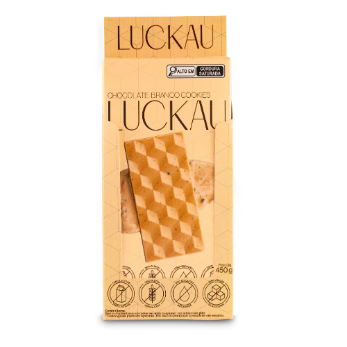 Display Barras Chocolate Branco com pedaços de Cookies - Zero Adição de Açúcares, Lactose e Glúten - Luckau - 6 unidades