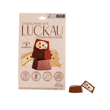 Pouch Bombom Chocolate Ao Leite recheado com creme de Cookies and Cream - Zero Adição de Açúcares, Lactose e Glúten - Luckau - 165g (5 unidades)