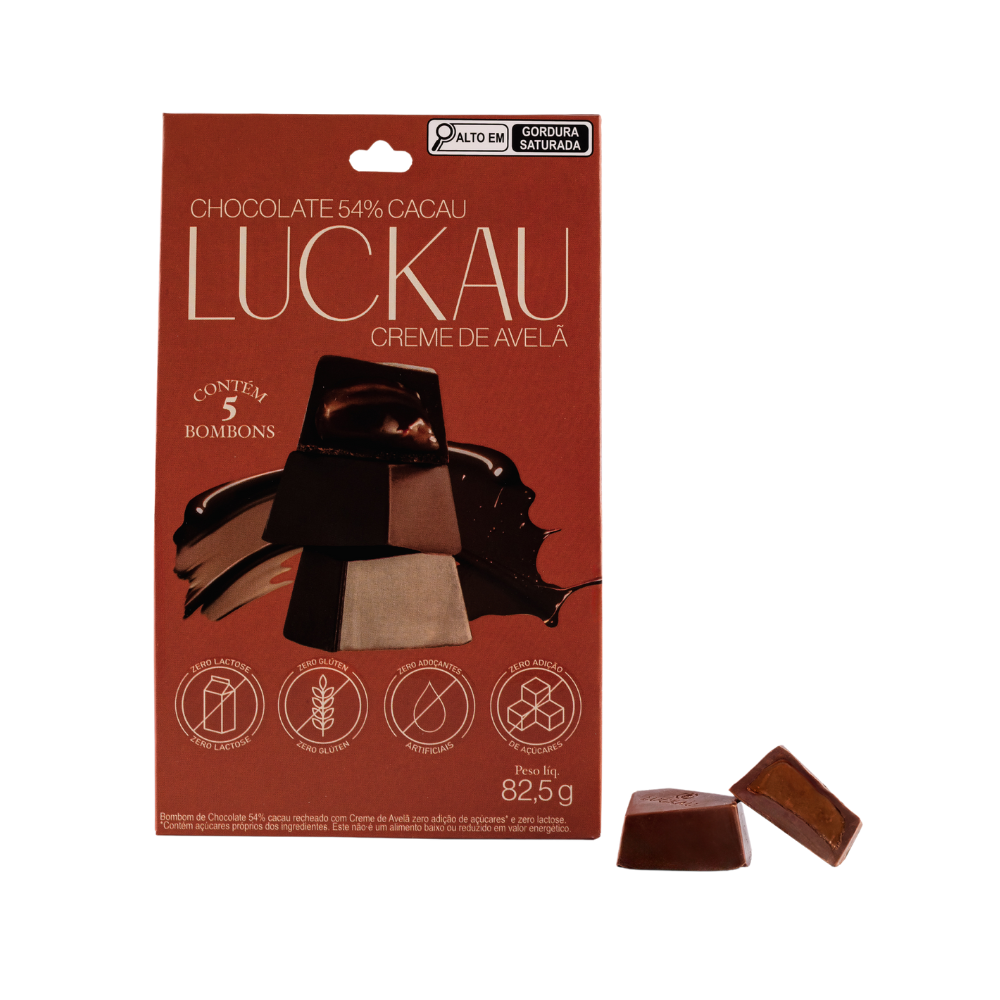 Pouch Bombom Chocolate 54% Cacau recheado com creme de Avelã - Zero Adição de Açúcares, Lactose e Glúten - Luckau - 165g (5 unidades)
