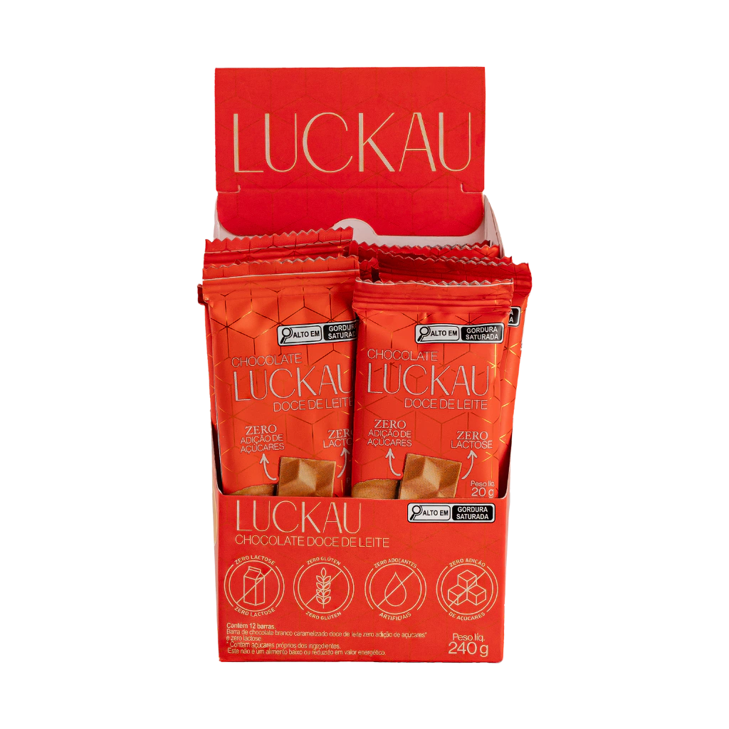 Display Barras Chocolate Branco Doce de Leite - Zero Adição de Açúcares, Lactose e Glúten - Luckau - 12 unidades de 20g