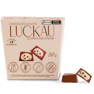 Display Bombom Chocolate Ao Leite recheado com creme de Cookies and Cream - Zero Adição de Açúcares, Lactose e Glúten - Luckau - 18 unidades - 198g total
