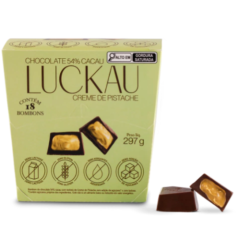 Display Bombom Chocolate 54% Cacau recheado com creme de Pistache - Zero Adição de Açúcares, Lactose e Glúten - Luckau - 18 unidades - 198g total