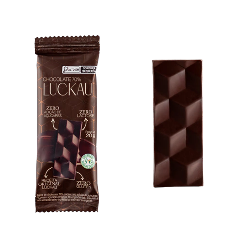 Display Barras Chocolate 70% Cacau Vegana - Zero Adição de Açúcares, Lactose e Glúten - Luckau - 12 unidades de 20g - 24 - imagem 2
