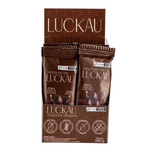 Display Barras Chocolate 70% Cacau Vegana - Zero Adição de Açúcares, Lactose e Glúten - Luckau - 12 unidades de 20g - 24