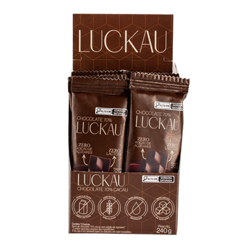 Display Barras Chocolate 70% Cacau Vegana - Zero Adição de Açúcares, Lactose e Glúten - Luckau - 12 unidades de 20g - 24