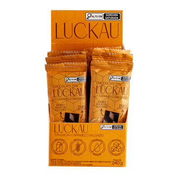 Display Barras Chocolate 70% Cacau Caramelo Salgado Vegana - Zero Adição de Açúcares, Lactose e Glúten - Luckau - 12 uni