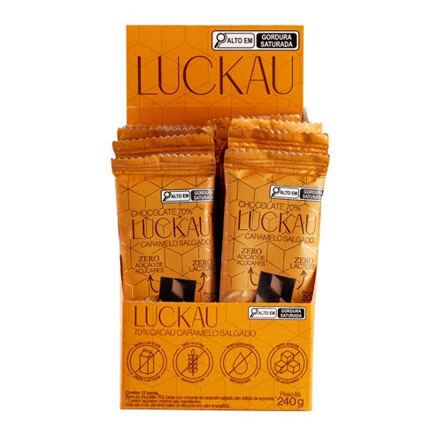Display Barras Chocolate 70% Cacau Caramelo Salgado Vegana - Zero Adição de Açúcares, Lactose e Glúten - Luckau - 12 uni