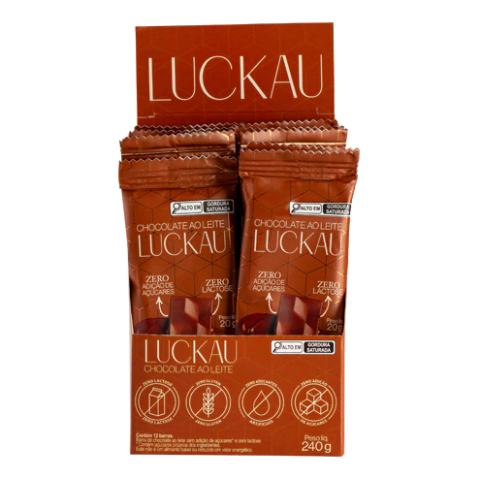 Display Barras Chocolate Ao Leite - Zero Adição de Açúcares, Lactose e Glúten - Luckau - 12 unidades de 20g - 240g total