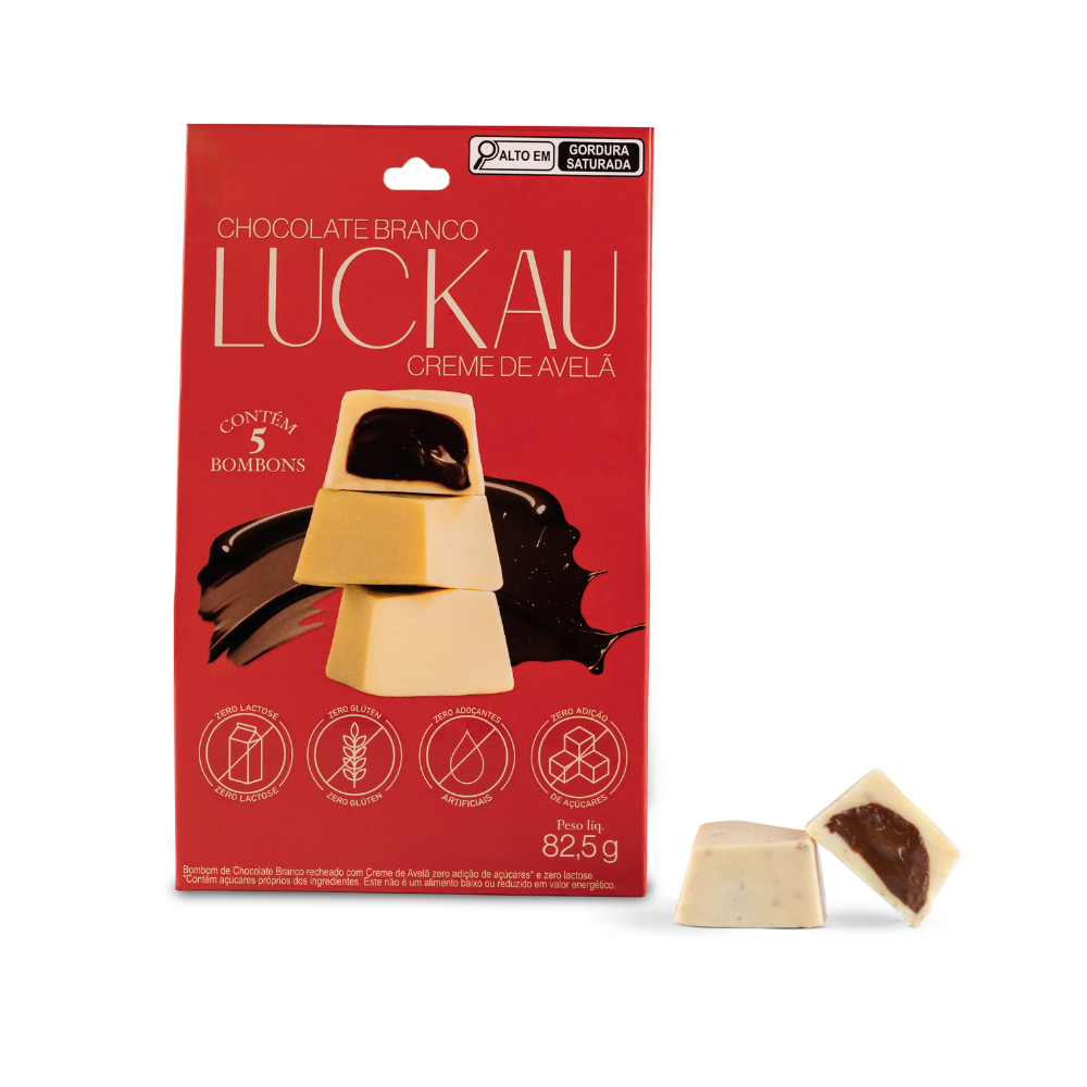 Pouch Bombom Chocolate Branco recheado com creme de Avelã - Zero Adição de Açúcares, Lactose e Glúten - Luckau - 165g (5 unidades)