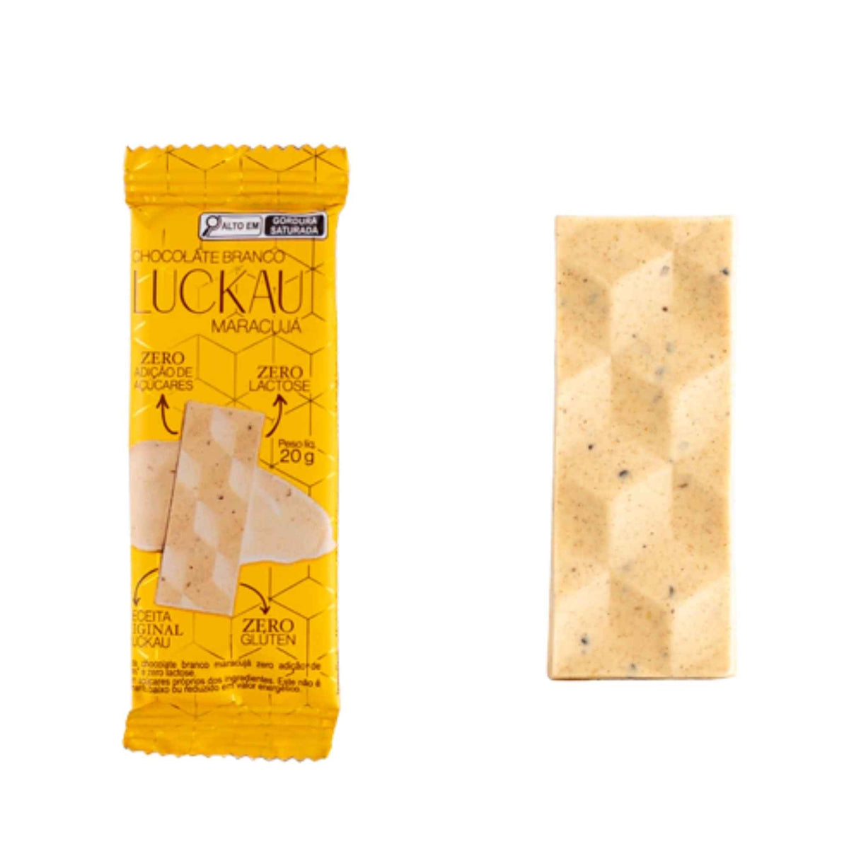 Display Barras Chocolate Branco Maracujá - Zero Adição de Açúcares, Lactose e Glúten - Luckau - 12 unidades de 20g - 240g total