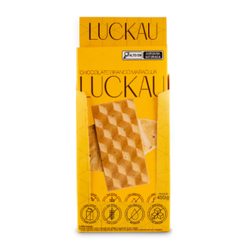 Display Barras Chocolate Branco Maracujá - Zero Adição de Açúcares, Lactose e Glúten - Luckau - 6 unidades de 75g - 450g total
