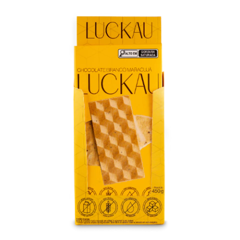 Display Barras Chocolate Branco Maracujá - Zero Adição de Açúcares, Lactose e Glúten - Luckau - 6 unidades de 75g - 450g total
