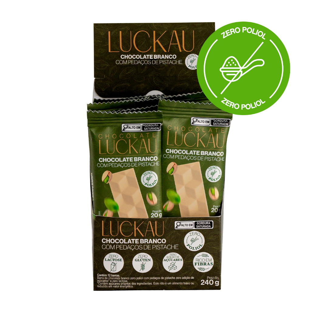 Display Barras Chocolate Branco com pedaços de Pistache - Zero Adição de Açúcares, Lactose e Glúten - Luckau - 12 unidades de 20g - 240g total