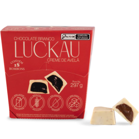 Display Bombom Chocolate Branco recheado com creme de Avelã - Zero Adição de Açúcares, Lactose e Glúten - Luckau - 18 unidades - 198g total