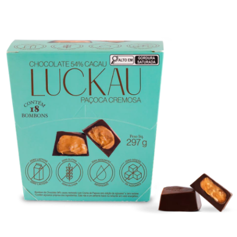Display Bombom Chocolate 54% Cacau recheado com creme de Paçoca Cremosa - Zero Adição de Açúcares, Lactose e Glúten - Luckau - 18 unidades - 198g total