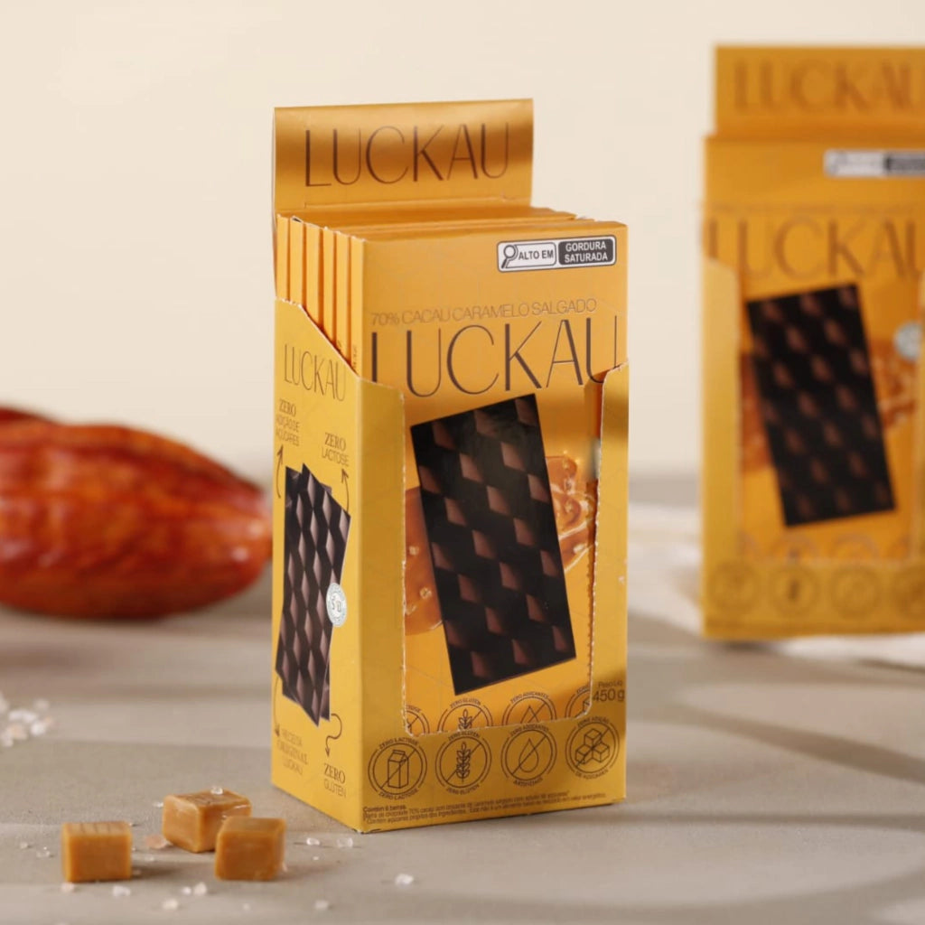 Display Barras Chocolate 70% Caramelo Salgado - Zero Adição de Açúcares, Lactose e Glúten - Luckau - 6 unidades de 75g - - imagem 2