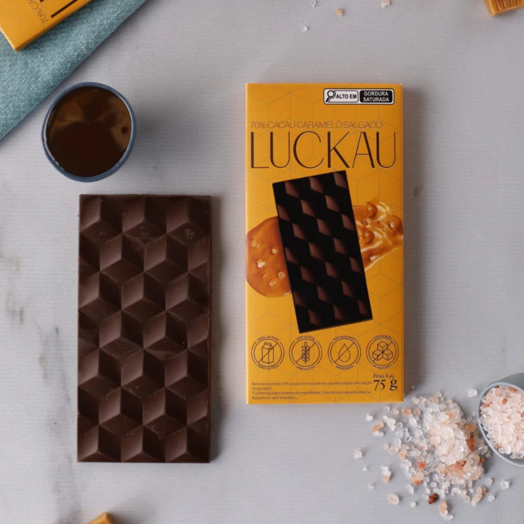 Display Barras Chocolate 70% Caramelo Salgado - Zero Adição de Açúcares, Lactose e Glúten - Luckau - 6 unidades de 75g - - imagem 4