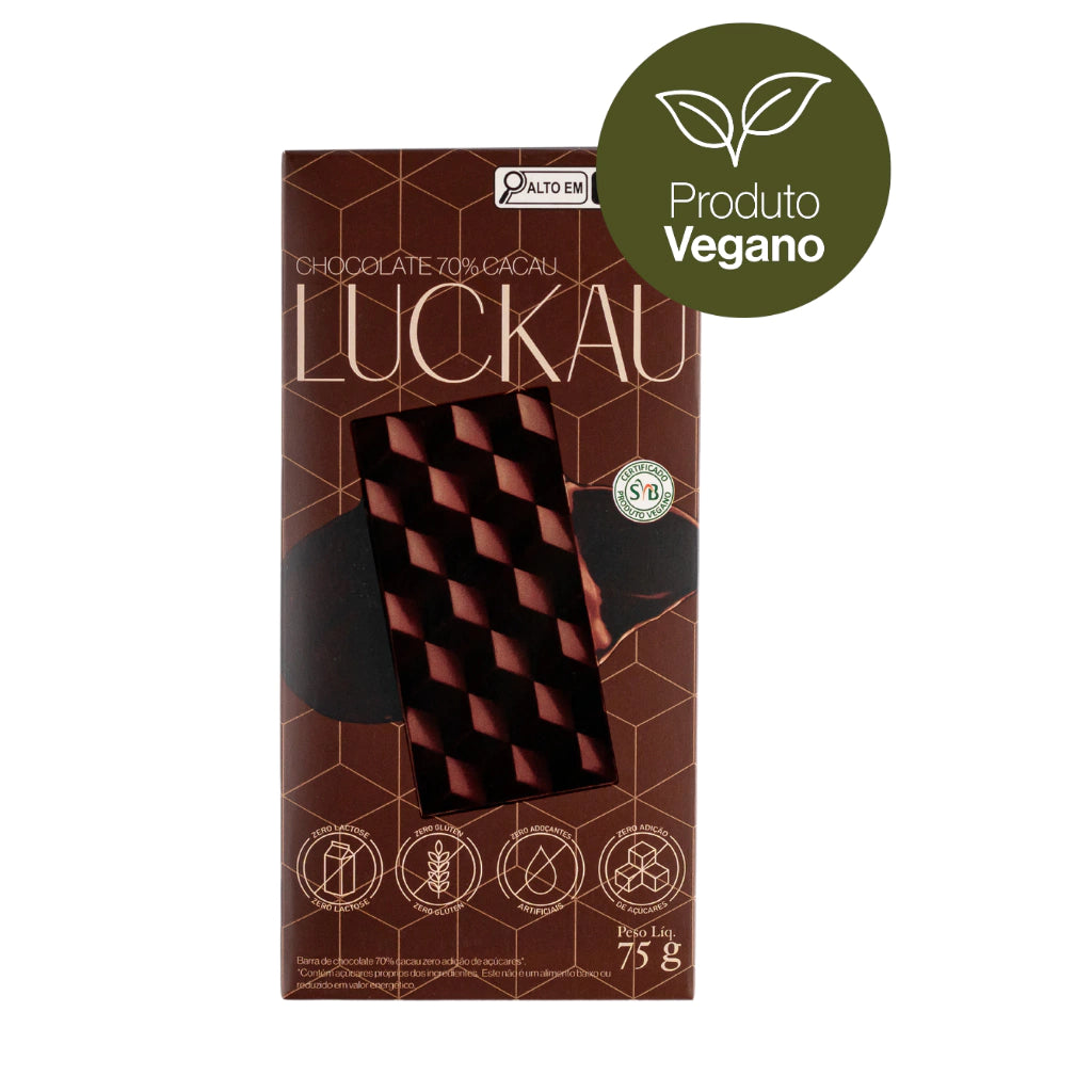 Barra Chocolate 70% Cacau Vegana - Zero Adição de Açúcares, Lactose e Glúten - Luckau - 75g