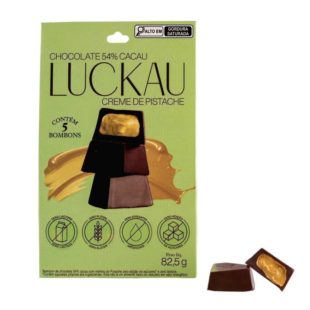 Pouch Bombom Chocolate 54 Cacau recheado com creme de Pistache - Zero Adição de Açúcares, Lactose e Glúten - Luckau - 5