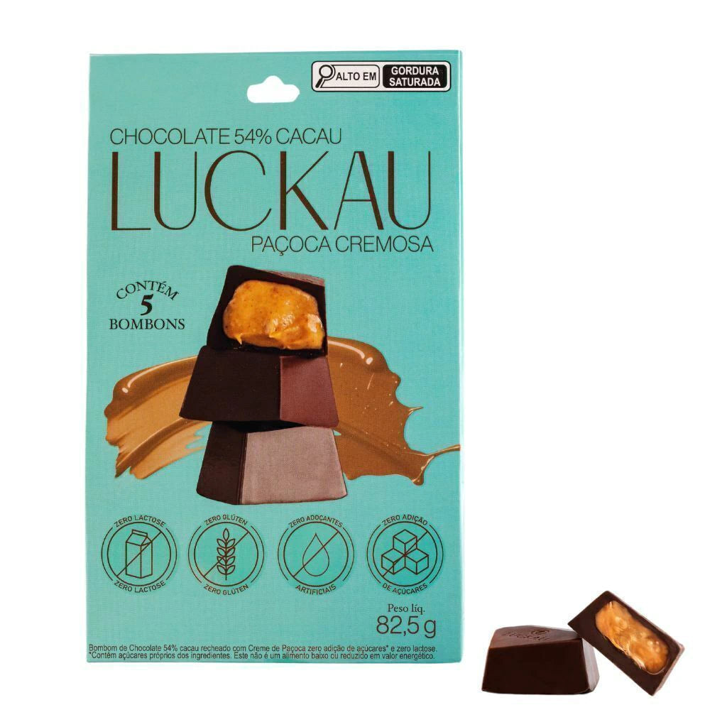 Pouch Bombom Chocolate 54% Cacau recheado com creme de Paçoca Cremosa - Zero Adição de Açúcares, Lactose e Glúten Luckau
