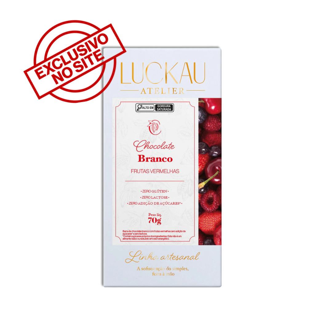 Barra Chocolate Branco com Frutas Vermelhas - Zero Adição de Açúcares, Lactose e Glúten - Luckau - 70g
