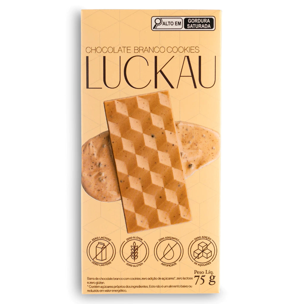 Barra Chocolate Branco com pedaços de Cookies - Zero Adição de Açúcares, Lactose e Glúten - Luckau - 75g