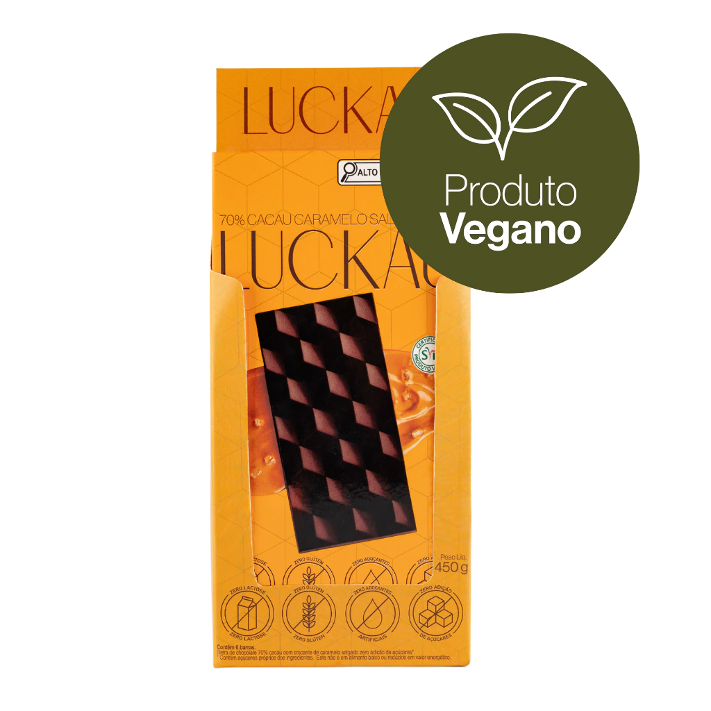 Display Barras Chocolate 70% Caramelo Salgado - Zero Adição de Açúcares, Lactose e Glúten - Luckau - 6 unidades de 75g -