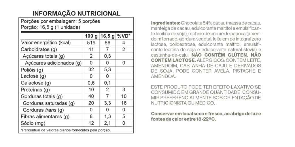 Pouch Bombom Chocolate 54% Cacau recheado com creme de Paçoca Cremosa - Zero Adição de Açúcares, Lactose e Glúten Luckau - imagem 5