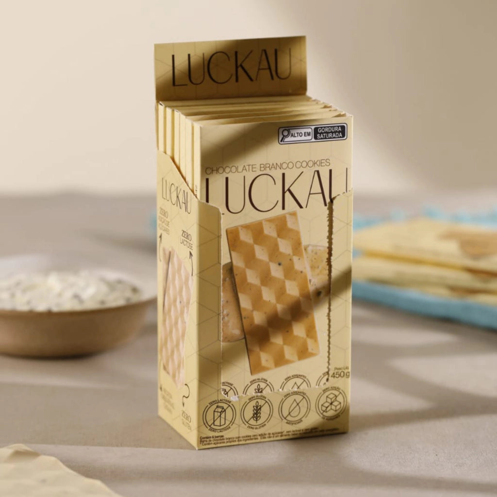 Display Barras Chocolate Branco com pedaços de Cookies - Zero Adição de Açúcares, Lactose e Glúten - Luckau - 6 unidades - imagem 2