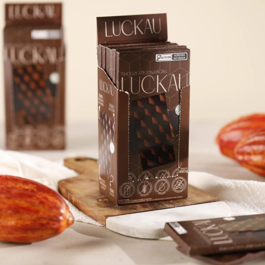 Display Barras Chocolate 70% - Zero Adição de Açúcares, Lactose e Glúten - Luckau - 6 unidades de 75g - 450g - imagem 2