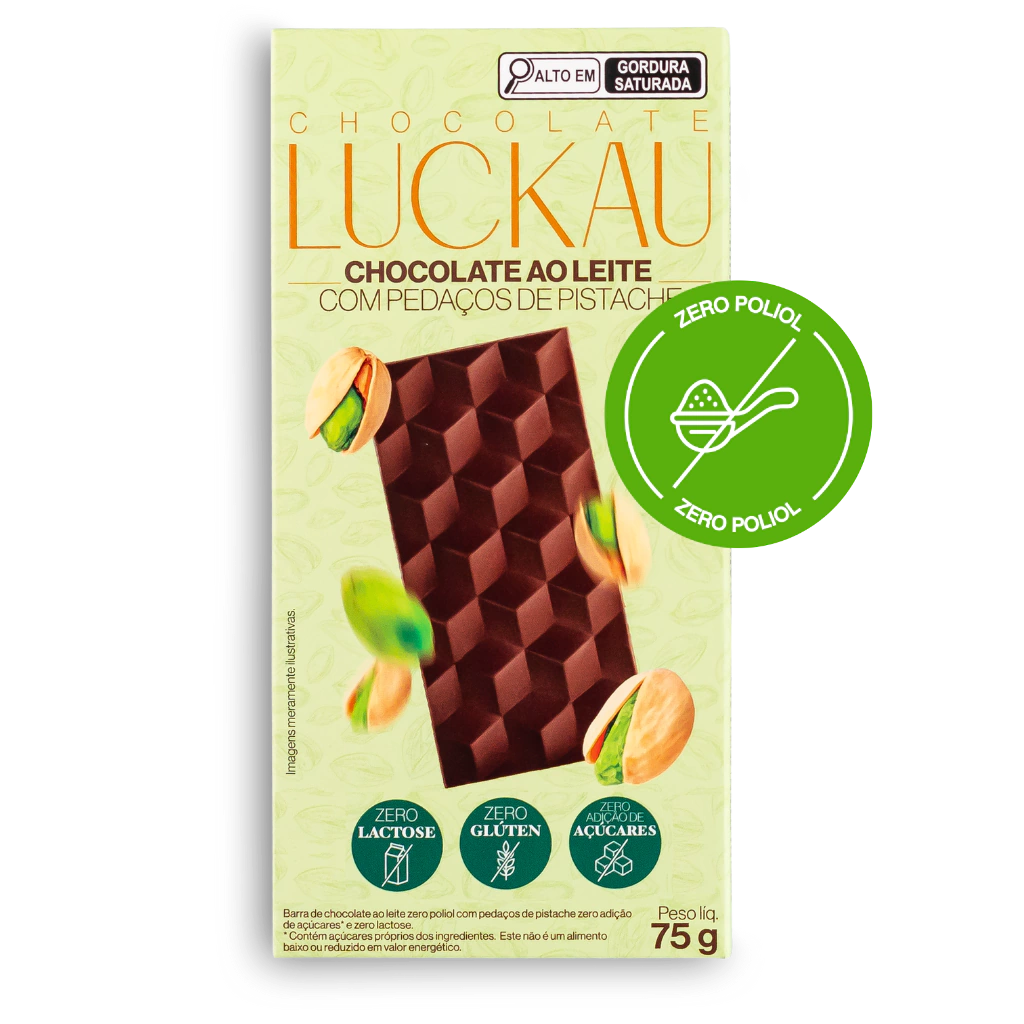 Barra Chocolate Ao Leite com pedaços de Pistache - Zero Adição de Açúcares, Lactose e Glúten - Luckau - 75g