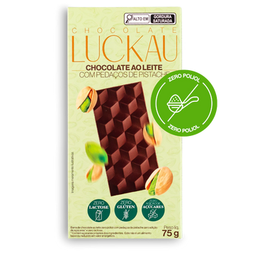 Barra Chocolate Ao Leite com pedaços de Pistache - Zero Adição de Açúcares, Lactose e Glúten - Luckau - 75g