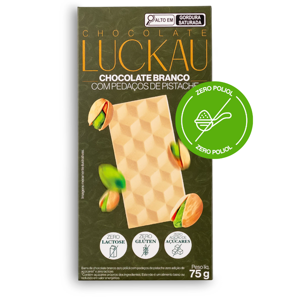 Barra Chocolate Branco com pedaços de Pistache - Zero Adição de Açúcares, Lactose e Glúten - Luckau - 75g