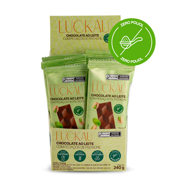 Display Barras Chocolate Ao Leite com pedaços de Pistache - Zero Adição de Açúcares, Lactose e Glúten - Luckau - 12 unid