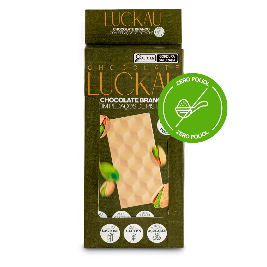 Display Barras Chocolate Branco com pedaços de Pistache - Zero Adição de Açúcares, Lactose e Glúten - Luckau - 6 unidade