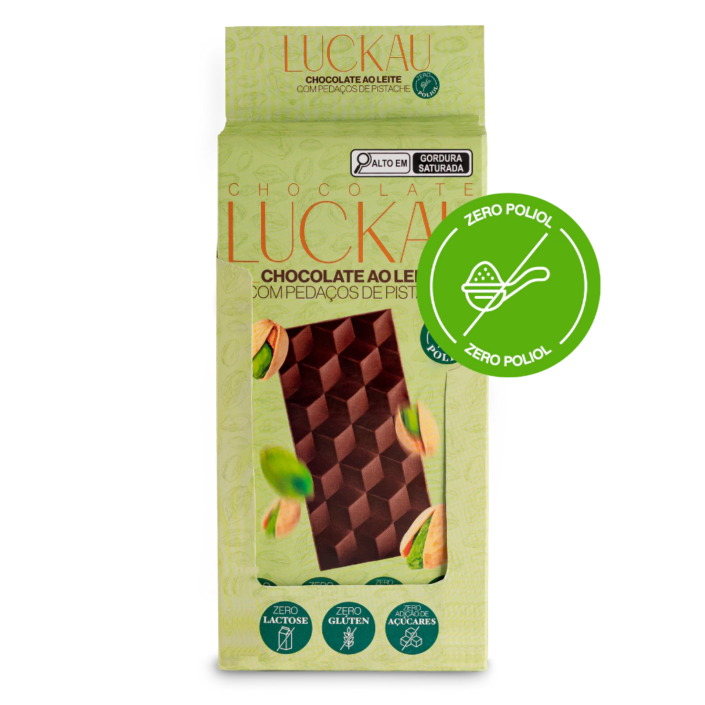 Display Barras Chocolate Ao Leite com pedaços de Pistache - Zero Adição de Açúcares, Lactose e Glúten - Luckau - 6 unida
