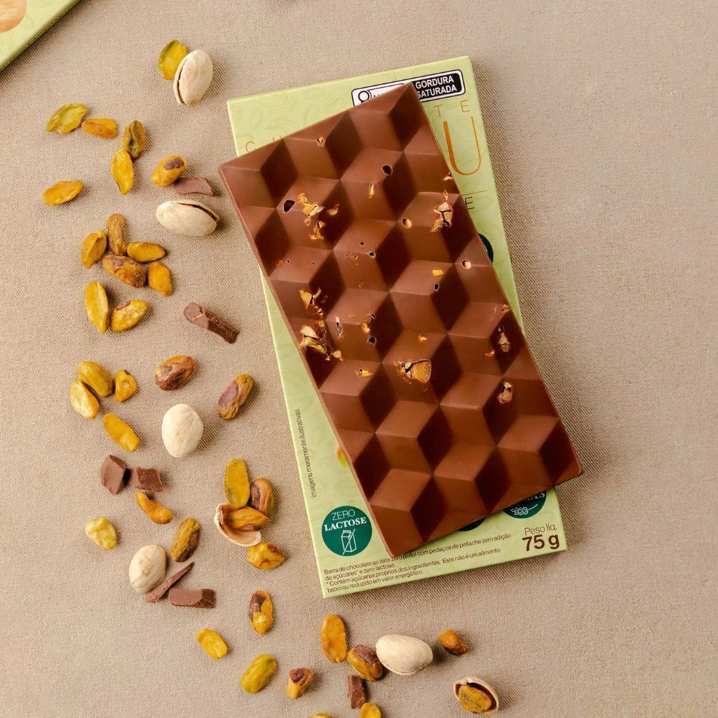 Display Barras Chocolate Ao Leite com pedaços de Pistache - Zero Adição de Açúcares, Lactose e Glúten - Luckau - 6 unida - imagem 2